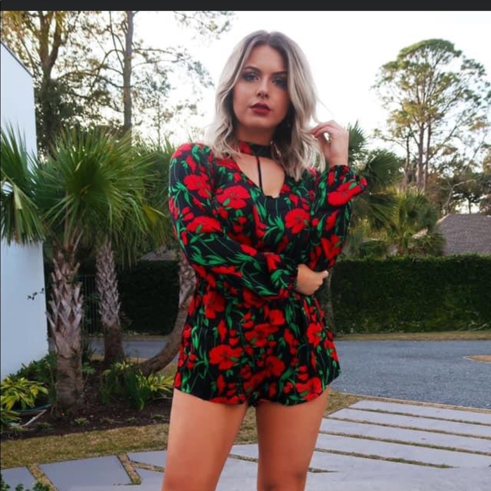 Red flower romper